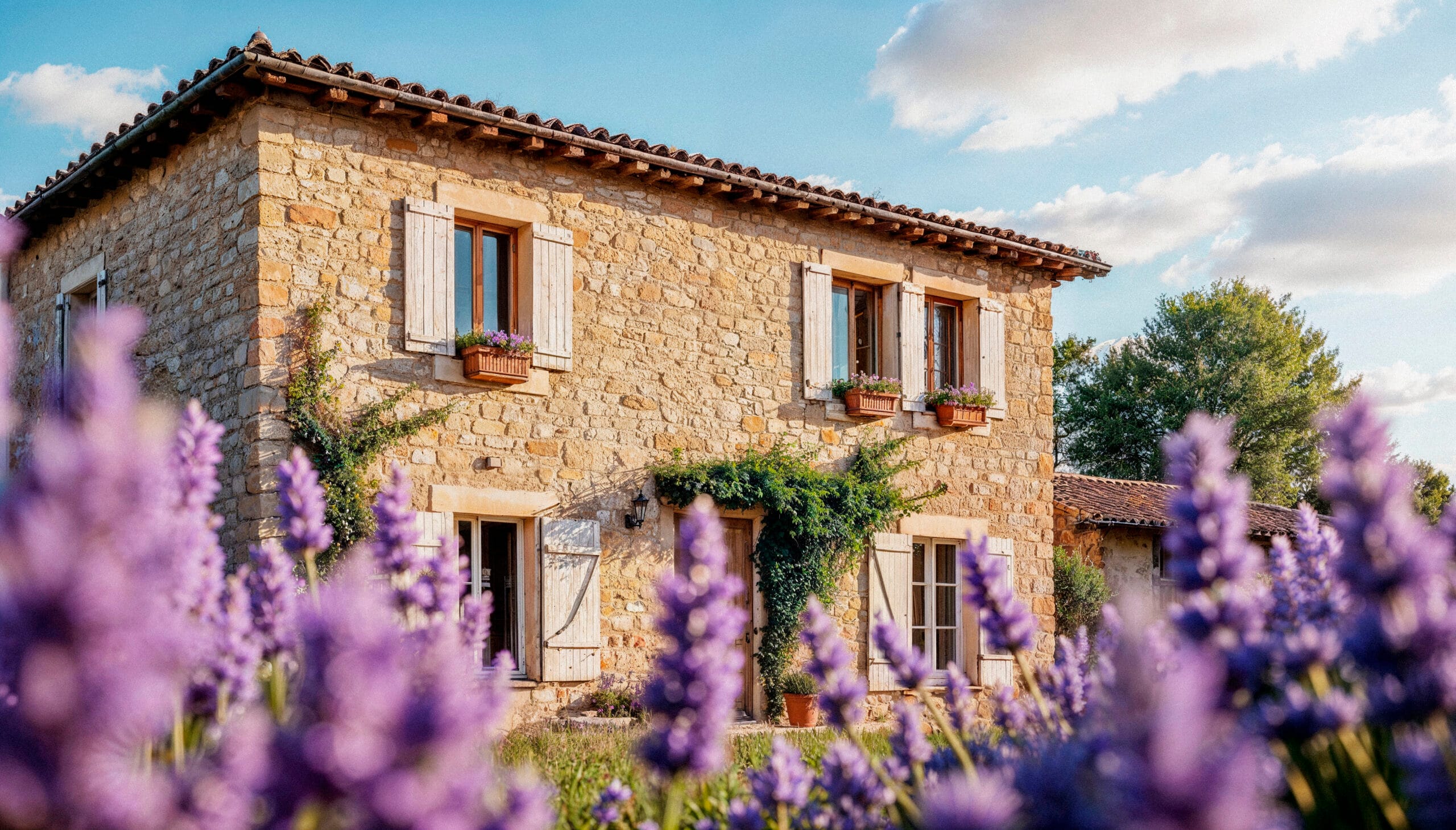 Une maison en pierre dans un champ de lavande - Réalisation Architecte d'intérieur PACA